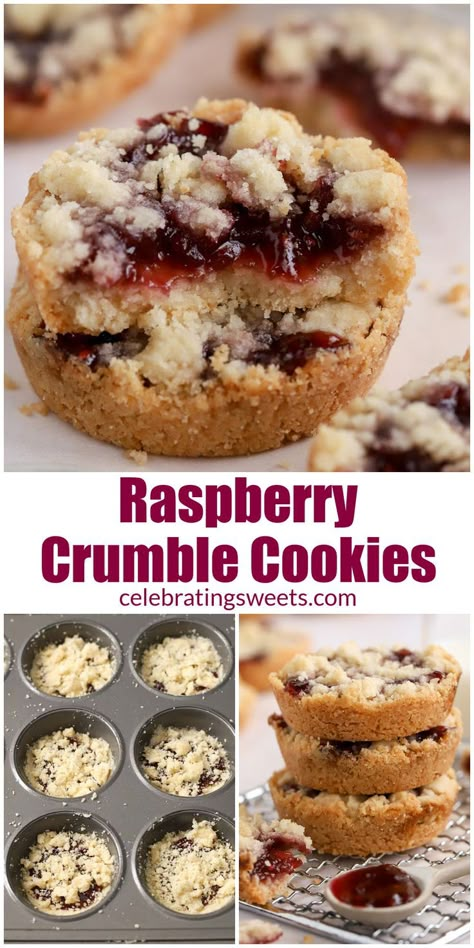 close up image of a crumbly cookie with raspberry jam popping out Raspberry Crumble Cookies, Tea For Breakfast, Raspberry Cookie Recipes, Celebrating Sweets, Crumble Cookie Recipe, Raspberry Crumble, Crumble Cookies, Crumble Cookie, Jam Tarts