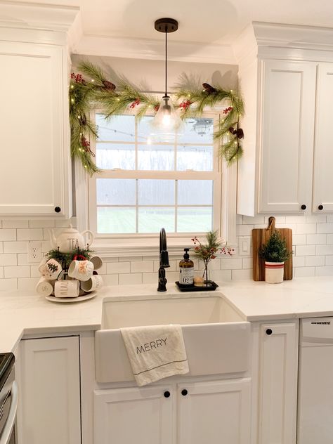 Above The Sink Christmas Decor, Christmas Wreath Kitchen Window, Garland Over Kitchen Sink, Christmas Kitchen Window Sill, Above Sink Christmas Decor, Kitchen Window Holiday Decor, Wreath Kitchen Window, Garland In Kitchen Window, Over Sink Christmas Decor