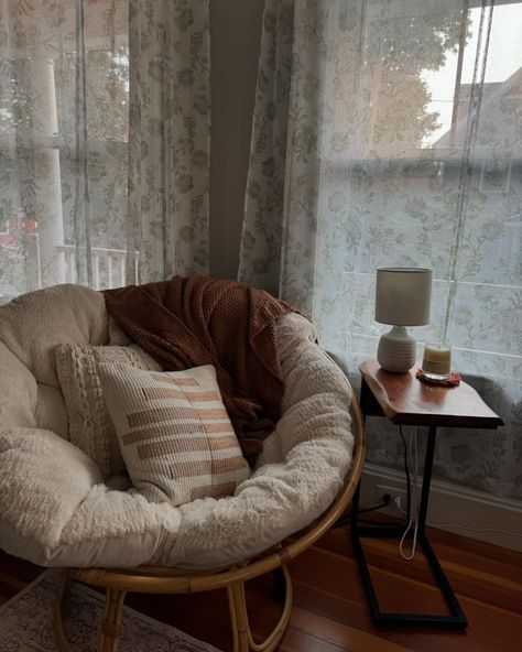 best reading spot in the house!! #homedecor #worldmarket #papasan #lelabo #targetfinds #targetlove Papasan Chair Corner Ideas, Papasan Chair Corner, Chair In Room Aesthetic, Big Chair In Bedroom, Papasan Reading Nook, Diy Papasan Cushion, Cozy Room Chair, Comfy Bedroom Chairs Cozy Corner, Papasan Chair Aesthetic