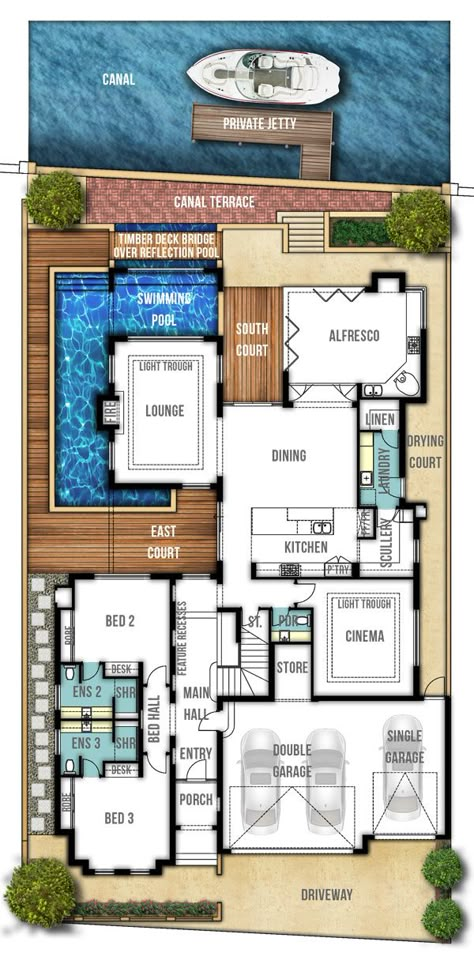 two storey canal home designs floor plans Beach House Design Floor Plans, Modern Beach House Plans, Beach House Layout, House With Swimming Pool, Beach House Flooring, Beach House Floor Plans, Beachfront House, Beach House Plans, Beach Cabin