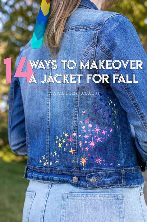 Ways to Makeover a Jacket for Fall with Vinyl, Paint & More! | Club Crafted Denim Jacket Embroidery, Jean Jacket Diy, Embroidery Jeans Jacket, Customised Denim Jacket, Vinyl Paint, Custom Jean, Applique Jacket, Painted Leather Jacket, Custom Jean Jacket