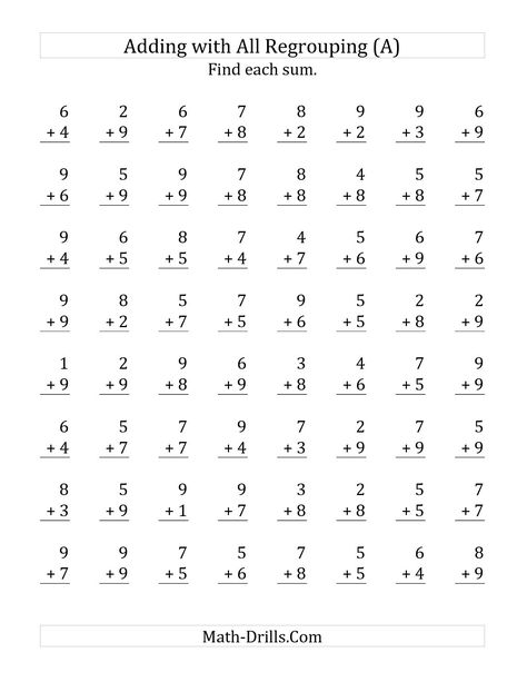 The 64 Single-Digit Addition Questions All with Regrouping (A) math worksheet from the Addition Worksheet page at Math-Drills.com. Cherry Sheets, Addition Worksheets First Grade, Addition With Regrouping Worksheets, Free Addition Worksheets, Adding Worksheets, Kindergarten Math Worksheets Addition, Math Fact Worksheets, Addition Worksheet, Kindergarten Math Worksheets Free