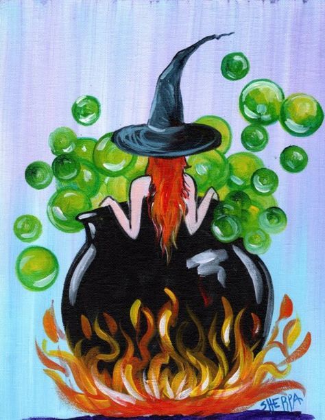 Easy Witch Painting Canvas, Diy Canvas Art Painting Easy Halloween, Cauldron Painting Ideas, Simple Witch Painting, Halloween Painting Inspiration, Cute Witch Painting, Halloween Paint Night Ideas Step By Step, Art Sherpa Tutorials Step By Step, Step By Step Halloween Painting Canvas