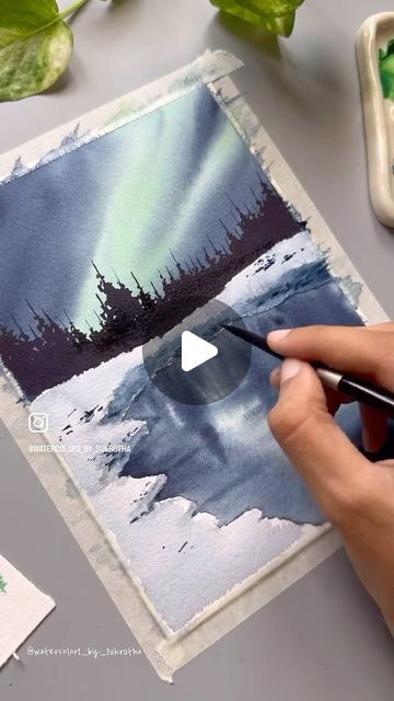 Northern Lights Art Tutorial, Watercolor Northern Lights, Northern Lights Watercolor Painting, How To Paint Northern Lights Watercolor, Watercolour Northern Lights Tutorial, Northern Lights Painting Watercolors, Watercolor Reflections In Water, Northern Lights Watercolor, Step By Step Watercolor