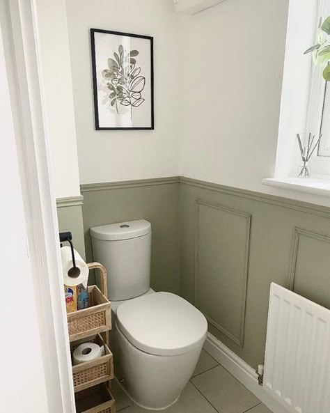 Sage Downstairs Toilet Ideas, Bathroom Wc Ideas, Dulux Overtly Olive Bathroom, Panelling In Downstairs Toilet, Small Bathroom Panelling Ideas, Blue Wc Ideas, Country Style Downstairs Toilet, Downstairs Toilet Makeover, Downstairs Toilet Ideas Uk