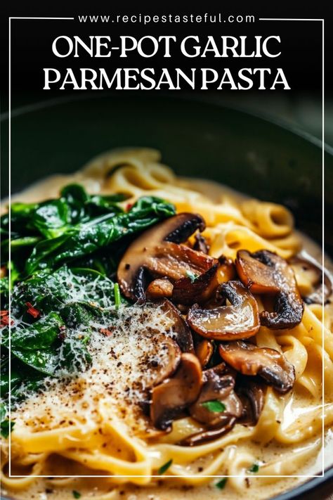 This creamy, cheesy one-pot pasta is packed with garlic, Parmesan, tender mushrooms, and fresh spinach. It’s the perfect quick and comforting meal! Perfect for weeknights when you're craving something delicious yet simple to prepare. Spinach Mushroom Orzo Pasta, One Pot Creamy Mushroom Pasta, Pasta With Mushrooms Recipes, Chicken Pasta With Mushrooms, Easy 1 Pot Meals, Pasta With Mushrooms And Spinach, Spinach And Mushroom Pasta, Mushroom Spinach Pasta, Bacon Mushroom Pasta