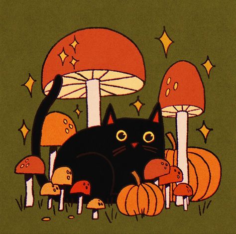 Spooky Cat, Pumpkin Cat, Adornos Halloween, Doodle Icon, Halloween Illustration, Cat Art Print, Mushroom Art, Whimsical Illustration, Sticker Ideas