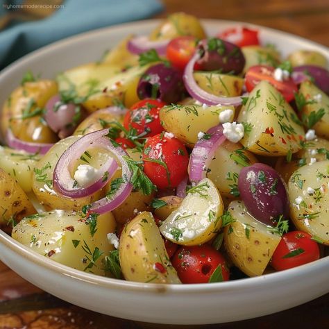 Greek Potato Salad, Greek Side Dishes, Greek Style Potatoes, Herbed Potato Salad, Salad Buffet, Dairy Free Salads, Mediterranean Foods, Vegetable Salads, Greek Potatoes