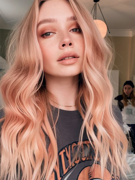 Peach Hair Color 2025: 23 Stunning Ideas from Rose Gold to Coral Pastel with Dark Roots Highlights Platinum Strawberry Blonde, Peach Hair Color Rose Gold, Copper Peach Blonde Hair, Coral Balayage, Rose Gold Toned Hair, Hair Color With Dark Roots, Peach Blonde Hair, Gold Toned Hair, Peach Blonde