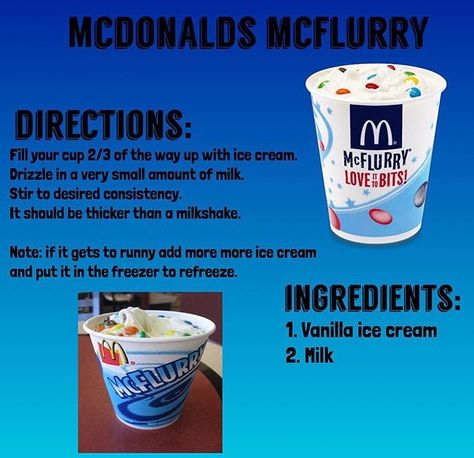 McDonalds McFlurry Recipe Mcflurry Recipe, Mcdonalds Mcflurry, Mcdonalds Recipes, Frozen Drink Recipes, Disney Dishes, Homemade Recipe Books, Homemade Cookbook, Food Infographic, Copykat Recipes