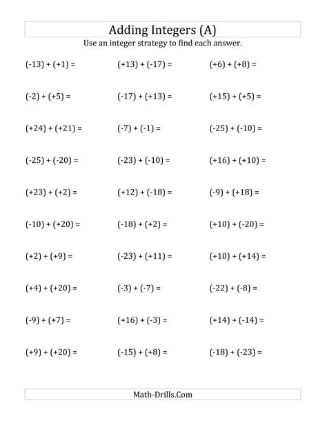 The Adding Integers from (-25) to (+25) (All Numbers in Parentheses) (A) Math Worksheet Addition Of Integers, Add Integers, Adding Integers Worksheet, Integers Activities, Subtracting Integers Worksheet, Negative Numbers Worksheet, Multiplying And Dividing Integers, Dividing Integers, Math Integers