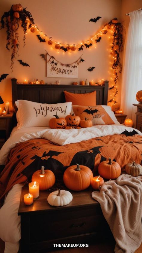 FALL DECOR IDEAS - HALLOWEEN DECOR IDEAS FOR BEDROOMS Halloween Decoration Bedroom, Halloween Themed Room Aesthetic, Cute Fall Decor For Bedroom, Halloween Room Ideas Bedrooms, Halloween Room Decor Aesthetic, Fall Themed Room, Halloween Aesthetic Room, Autumn Room Ideas, Halloween Decorations For Bedroom