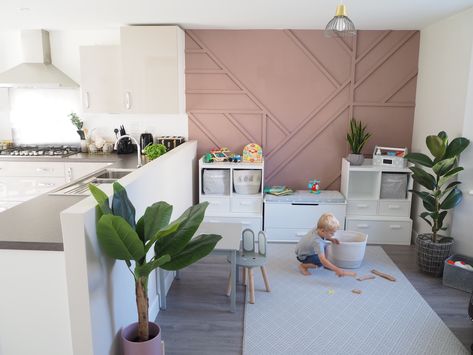 Open-plan Kitchen & Playroom Makeover with Sulking Pink Panelled Feature Wall. Storage from Great Little Trading Company Open Plan Playroom, Panelled Feature Wall, House Playroom, Playroom Layout, Dining Room Playroom, Playroom Makeover, Kitchen Playroom, Living Room Playroom, Room Extensions