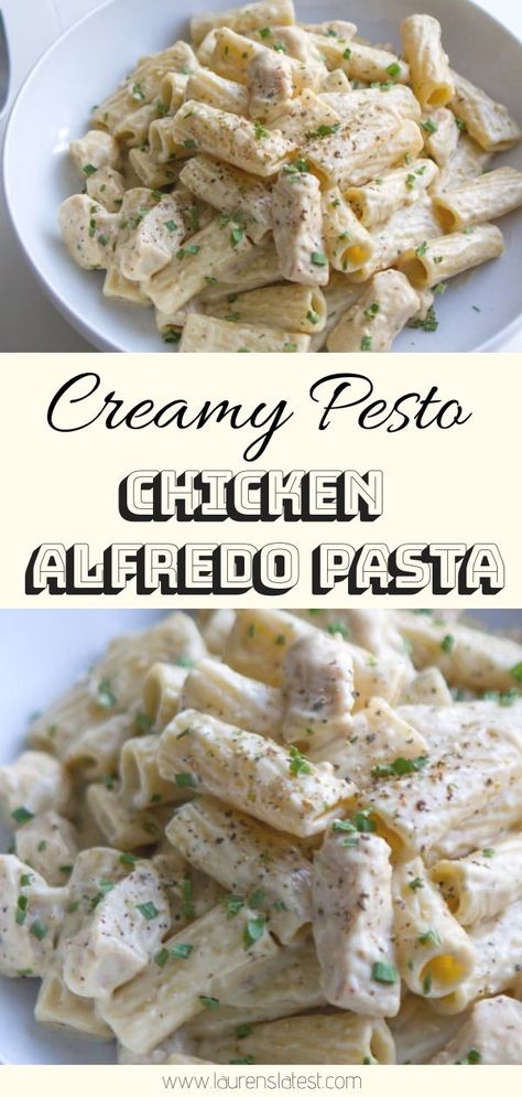 Creamy Pesto Alfredo Chicken Pasta - so easy so perfect ! I use a jarred alfredo sauce, short cut pasta and a little pre-made pesto sauce. Very very simple, but the creamy sauce mixed with the pesto is really the best-o. #pasta #chickenpasta #easydinner #pastarecipes #dinner Pesto Alfredo Pasta, Alfredo Chicken Pasta, Pesto Alfredo, Jarred Alfredo Sauce, Chocolate Covered Strawberry Cheesecake, Alfredo Chicken, Valentines Recipes Desserts, Pasta Recipes Alfredo, Chicken Alfredo Pasta