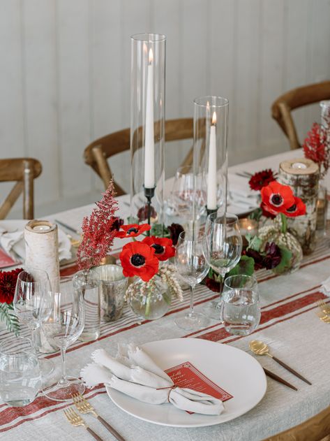 Red anemone, red astilbe, burgundy dahlia, pieris budvases - black candlesticks, white tapers, aspen votives - farm table centerpiece Poppies Table Setting, Poppy Table Decorations, Red And White Floral Centerpieces, Poppy Centerpiece, Red Poppy Wedding, Red Astilbe, Anemone Centerpiece, Museum Workshop, Farm Table Centerpiece