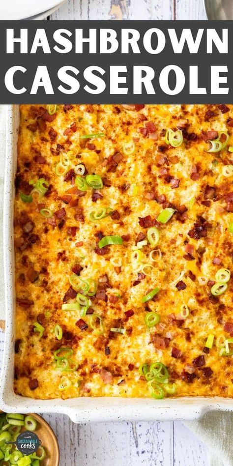 Brunches and potlucks call for dishes that feed a crowd and this Hashbrown Breakfast Casserole delivers. Supremely cheesy, creamy, and loaded with bacon and shredded potatoes, it’s going to disappear fast! Loaded Potato Casserole With Hashbrowns, Hashbrown Brunch Recipes, Overnight Potato Breakfast Casserole, Bagged Hashbrown Recipes, Breakfast Potatoes Hashbrown, What To Do With Hashbrowns, Bacon Potato Breakfast Casserole, O'brian Potatoes Casseroles, Cheesy Breakfast Potato Casserole