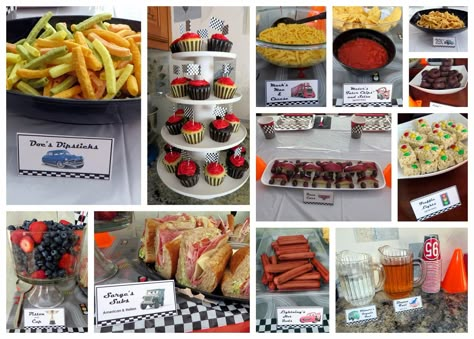 Disney Pixar Cars / Race Car / Lightning McQueen Birthday Party! Fun food ideas! Disney Cars Theme Birthday Party, Disney Cars Birthday Theme, Pixar Cars Birthday, Birthday Party Menu, Birthday Party Drinks, Birthday Snacks, Birthday Party Snacks, Car Birthday Party, Cars Birthday Party Disney