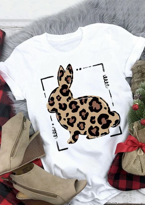 Presale - Leopard Printed Splicing T-Shirt Tee - Kissgirly Cute Easter Outfits, Girl Parties, Easter Shirts, Bunny T Shirt, White Top Women, Kurta Designs Women, Short Women, Holiday Tops, Vinyl Shirts