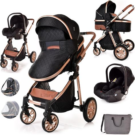 Baby Pram Pushchair Buggy Stroller 3 in 1 Child Lightweight Folding Stroller 3 in 1 Travel System Pram for Newborns Toddlers 0-36 Months from Birth Aluminum (Black - Rose Gold Frame) Folding Stroller, Baby Trolley, Convertible Stroller, Travel Systems For Baby, Baby Buggy, Baby Pram, Lightweight Stroller, Rose Gold Frame, Pram Stroller