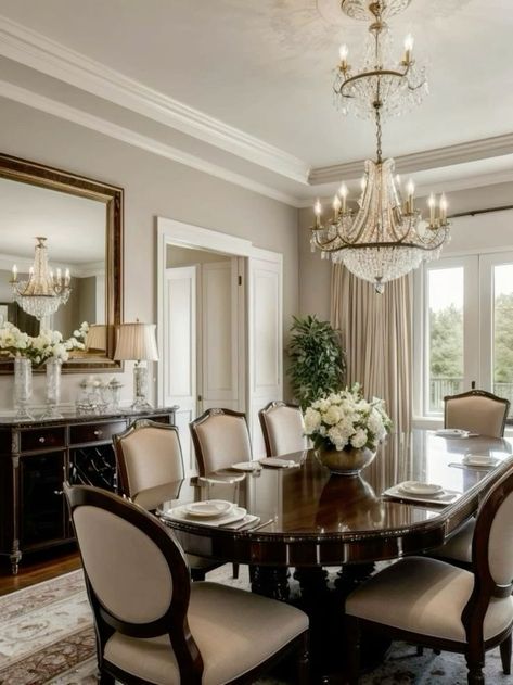 30 Old Money Home Decor Ideas: Fancy-Schmancy on a Shoestring Budget - Classic Contemporary Dining Room, Transitional Interior Design Style Dining Room, Dining Room Old Money, Dining Room At Entrance Of House, American Classic Dining Room, Old Money Dining Room, Modern Traditional Dining Room, Statement Mirrors, Fancy Dining Room