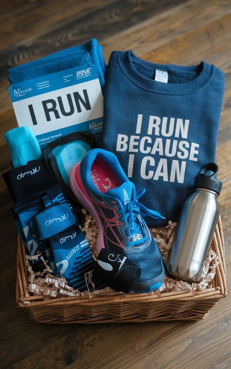 Birthday-themed runner gift baskets with recovery tools and celebratory items. Runners Gift Basket, Marathon Gift Basket, Marathon Gift, Birthday Basket, Gifts Box, Gifts For Runners, Birthday Idea, Gift Basket Ideas, Birthday Celebrations