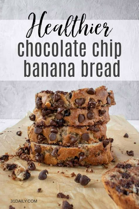 This Chocolate Chip Banana Bread recipe is moist and tender and homey and delicious with melty chocolate and fresh bananas with a hint of maple cinnamon. Healthier Chocolate Chip Banana Bread | 31Daily.com #quickbread #bananabread #chocolatechips #comfortfood #31Daily Healthy Banana Dessert, Chocolate Covered Banana Bites, Healthy Banana Bread Recipe, Chocolate Chip Banana Bread Recipe, 31 Daily, Healthy Dessert Ideas, Banana Bread Recipe Healthy, Healthy Bread Recipes, Chocolate Chip Bread