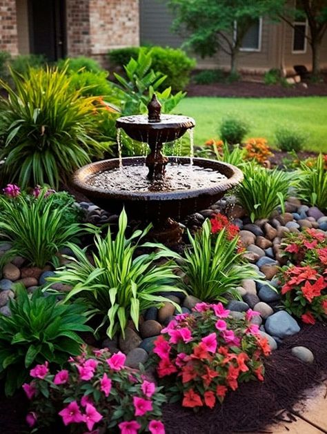 Front Of House Courtyard, Small Garden With Fountain, Backyard Streams, Front Yard Fountain, Yard Fountain, Driveway Edging, Landscaping With Fountains, River Rock Landscaping, Yard Garden Design