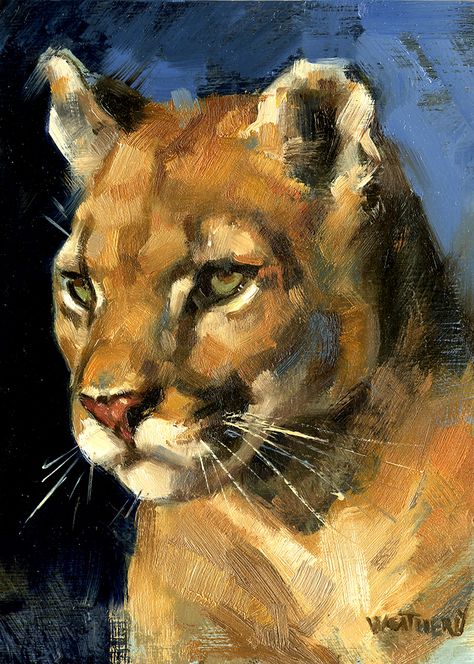 Joe Weatherly Artworks Gallery Animal Paintings Acrylic, Animal Artists, Lion Portrait, Head Study, Deep Blue Background, Lion Painting, Orange Hues, Mountain Lion, Wildlife Artists