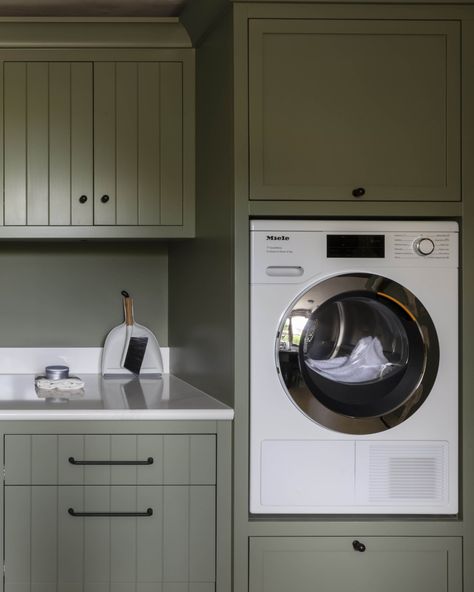 One of the standout features of this laundry is the integration of twin Miele washing machines and tumble dryers at functional… | Instagram Miele Washing Machine, Integrated Washing Machine, Utility Room Designs, House Appliances, Tongue And Groove, Washing Machines, Utility Room, Dryers, Drawer Fronts