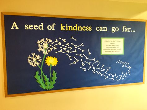 A Seed Of Kindness Bulletin Board, Kindness Bulletin Board High School, Seeds Of Kindness Bulletin Board, Grow Kindness Bulletin Board, April May Bulletin Boards, Kindness Theme Bulletin Boards, Cute Bulliten Board Ideas Schools, Spring Catholic Bulletin Boards, Bulletin Boards About Kindness