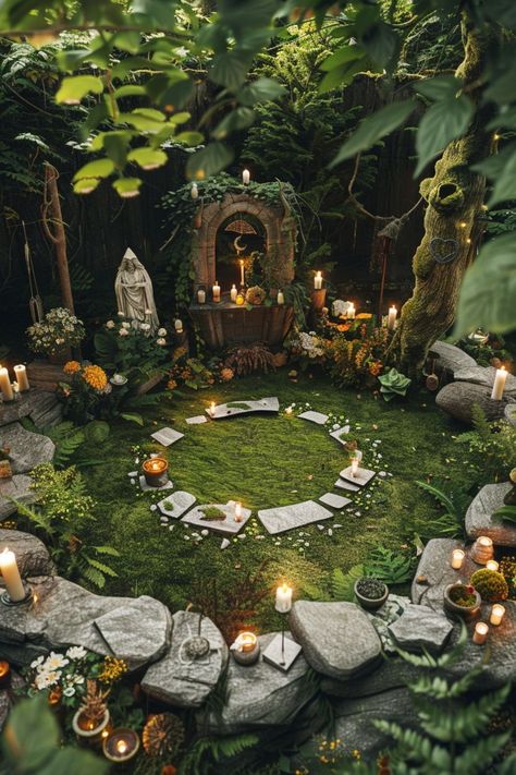 Garden Witch Wedding, Witches Coven Party, Witch Decor Outdoor, Outdoor Alter Ideas Pagan, Witches Garden Plants, Whimsical Witch Aesthetic, Forest Witch Decor, Backyard Altar, Witch Wedding Aesthetic