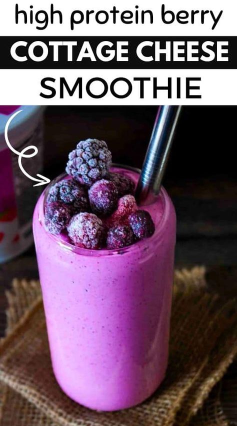 Mixed Berry Cottage Cheese Smoothie Blueberry Cottage Cheese Smoothie, Protein Shake With Cottage Cheese, Cottage Cheese Shake, Frozen Mixed Berry Smoothie, Weekly Dessert, Cottage Cheese Smoothie Recipes, Blended Soups, Cottage Cheese Smoothie, Paleo Smoothies