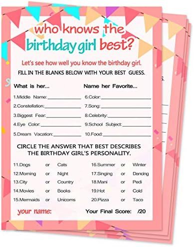 PRICES MAY VARY. 20 GAME CARDS: who knows the birthday girl best game for tween kids. Answer Sheet included for the birthday girl to fill out. EASY TO PLAY girl birthday party game: fill in the blank and multiple choice questions for friends to answer about the birthday girl. PREMIUM CARD STOCK: 5" x 7" who knows the birthday girl game cards are easy to write on with plenty of space for guests to write answers. FUN DESIGN: Double side print.Pink and purple birthday party theme. Add to your set o Who Knows The Bday Girl Best, Who Know The Birthday Girl The Best, 12 Birthday Ideas Girl, Fun Birthday Game Ideas, How Well Do You Know The Birthday Girl, 10 Yr Birthday Party Ideas, Who Knows The Birthday Girl Best, 11th Birthday Party Ideas For A Girl, Purple Birthday Party Theme