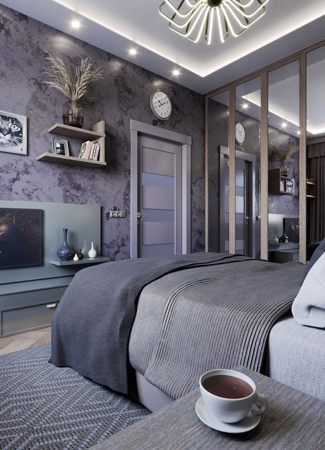 My visualization project: Modern Bedroom with Lilac walls Lilac And Grey Bedroom Ideas, Lilac Gray Bedroom, Bedroom Ideas Purple Walls, Lilac And Gray Bedroom, Pastel Purple Bedroom Aesthetic, Lilac Wall Color, Lilac And Grey Bedroom, Lavender Bedroom Walls, Grey And Purple Bedroom