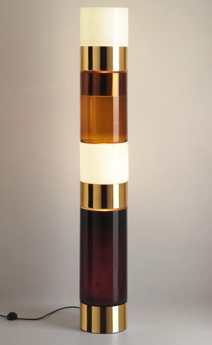 Unusual Modern Murano Glass Pillar In Rich Warm Brown & Gold A striking and unusual modern floor light made up of sections of glass in rich warm tones on a warm gold base. "Stacking" is a series of different floor lamps composed of assembled hand blown Murano glass cylinders from the famous Venetian island, in different colourways and sizes, with a metal base available in polished chrome or polished gold. Murano Pendant Light, Murano Glass Lamp, Art Deco Modern Interior, Amber Decor, Amber Glass Lamp, Italian Lighting Design, Maximalist Interior Design, Art Deco Pendant Light, Mirror Lighting