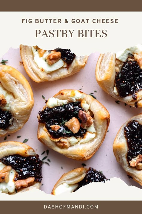 fig butter bites with goat cheese and walnuts Goat Cheese Fig Jam, Appetizers Easy Recipes, Easy Holiday Snacks, Fig Appetizer, Fig Butter, Finger Snacks, Food For Entertaining, Butter Bites, Holiday Party Food