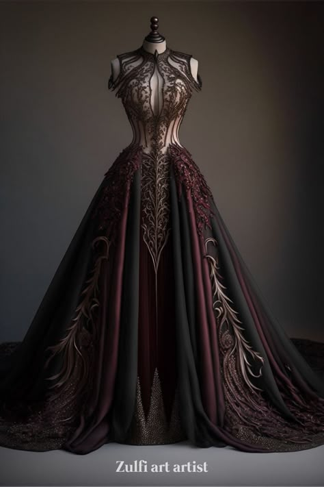 Gothic dress. Welcome to my fantasy world. My fantasy art created with AI. More you can find on my Tik-Tok @aibubonika Maleficent Wedding Dress, Medieval Fantasy Dress Warriors, Warrior Wedding Dress, Norse Wedding Dress, Dark Fantasy Gown, Viking Gown, Vampire Ball Gown, Norse Wedding, Armour Dress