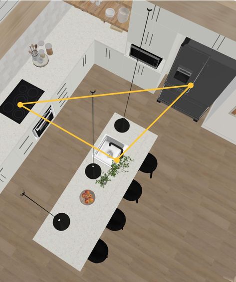 Have you heard about the “kitchen work triangle rule”? The Kitchen Work Triangle principle is a time-tested design concept that improves kitchen efficiency. It connects the three main work areas — the sink, stove, and refrigerator — in a triangular layout. This minimizes unnecessary movement and ensures everything you need is within easy reach. The ideal triangle allows for a seamless workflow and a more enjoyable cooking experience. Design + Render: @aboutlovehome #KitchenDesign #HomeTips... Working Triangle Kitchen, Work Triangle Kitchen Layout, Kitchen Working Triangle, Kitchen Triangle Layout, Island And Dining Table, Kitchen Efficiency, Kitchen Work Triangle, Kitchen Triangle, Work Triangle