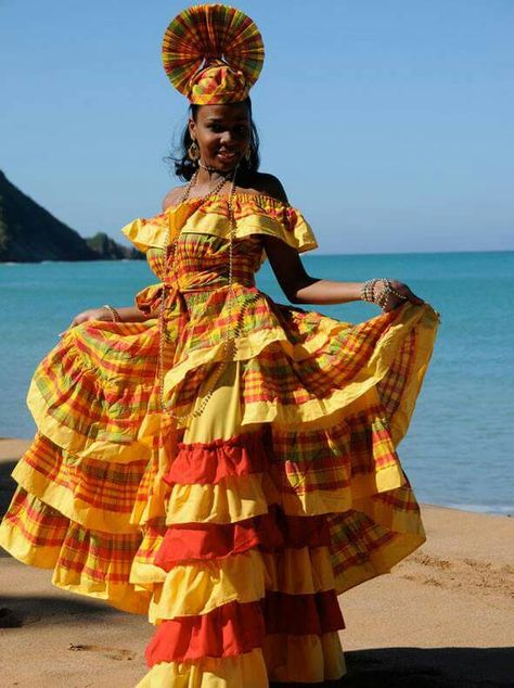 Magnifique Creole Outfits, Jamaican Dress, Haitian Clothing, Caribbean Dress, Jamaican Clothing, Madras Dress, Foral Dress, Caribbean Outfits, Caribbean Party