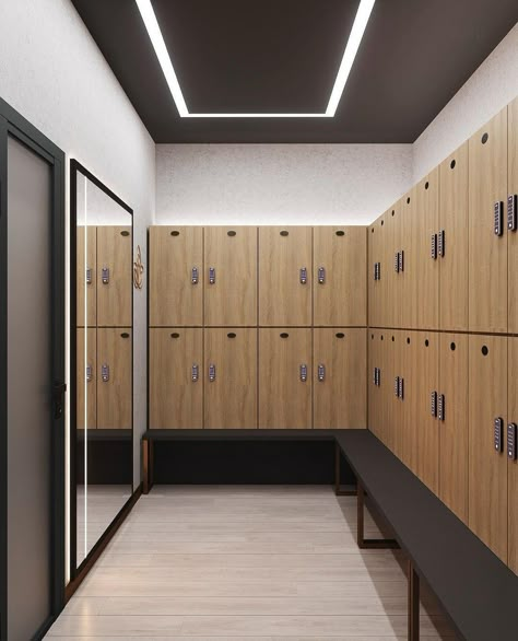 Gym Lounge Area Ideas, Industrial Fitness Studio, Gym Merchandise Display, Gym Reception Design, Locker Design Ideas, Modern Gym Design, Changing Room Mirror, Gym Room Design, Small Locker Room