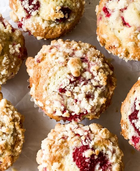 The yummiest one-bowl (ish) Easy Raspberry Muffins start with a moist sour cream muffin batter that is loaded with lemon and bursting with fresh raspberries (frozen raspberries can be used too!). Each muffin is topped with buttery, crispy streusel topping (perfection). Lots of tips on getting a nice, tall muffin top as well as an optional overnight batter rest so you can have fresh-baked muffins in the morning! Raspberry Poppyseed Muffins, Strawberry Muffins With Crumb Topping, Raspberry Crumble Muffins, Raspberry Sourdough Muffins, Raspberry Cream Cheese Muffins, Healthy Raspberry Muffins, Raspberry Muffins Recipe, Coffeecake Muffins, Raspberry Streusel Muffins