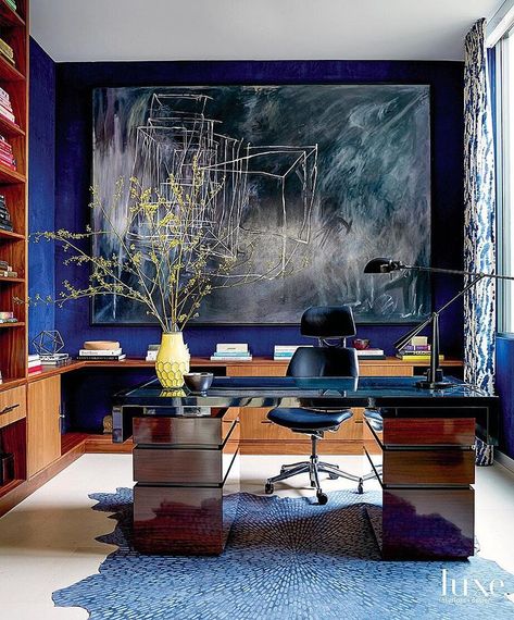 Prussian Blue 💙💙 Interior study by @adamhunter 📸 #trevortondro #study #interiorinspo #interiordesign #blueinterior Working Room, Office Design Ideas, Home Office Inspiration, Office Inspo, Luxe Interiors, Interior Design Magazine, Residential Interior Design, Work Spaces, Practical Magic