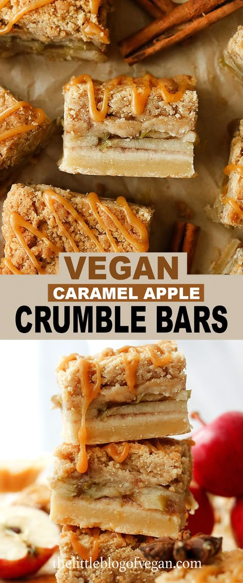 Caramel Apple Crumble Bars, Apple Pie Crumble, Vegan Fall Dessert, Vegan Caramel Apple, Apple Crumble Bars, Caramel Apple Crumble, Caramel Apple Bars, Vegan Apple Pie, Fall Vegan Recipes