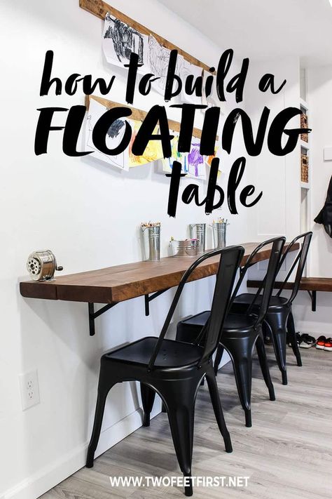 Do you want a wall-mounted desk that can be placed on almost any wall? Here is a DIY tutorial on how to build your own floating desk plus the process is easy! This will be the perfect solution for your home office or maybe for the kid's room. #twofeetfirst #diy #howto #desk #homeoffice Floating Table, Tim Allen, Teachers Lounge, Build A Wall, Wall Mounted Desk, Floating Desk, Homeschool Room, Kids' Desk, School Room