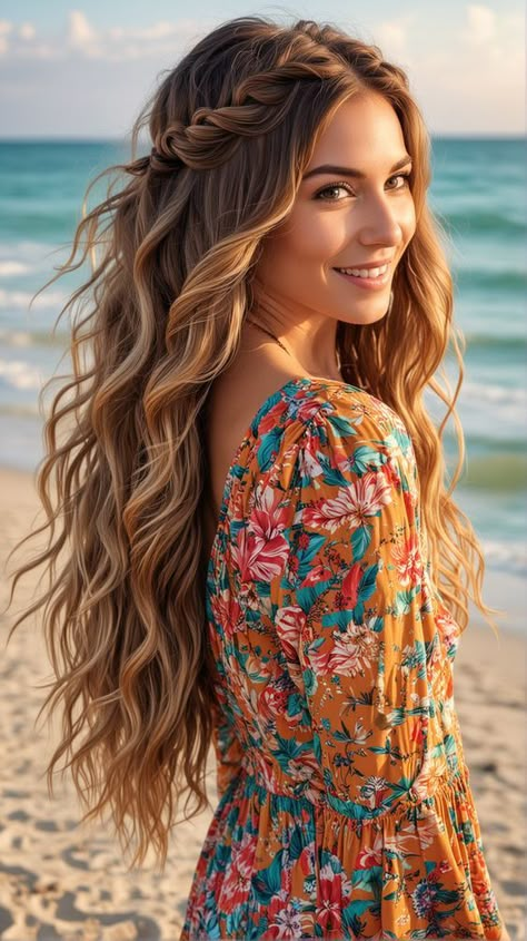 Boho Hairstyles Long Hair, Beach Hair For Wedding, Long Hairstyle Braid, Long Hair Wedding Styles Braid, Beach Waves With Braids Hairstyles, Hairstyles For Beach Photoshoot, Wedding Hair For Beach Weddings, Long Hair Boho Hairstyles, Long Boho Hairstyle