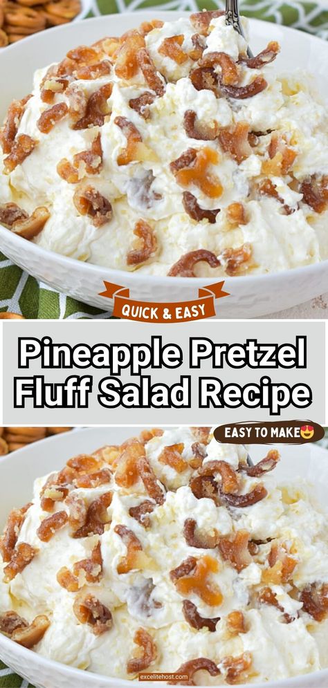 Pineapple Pretzel Fluff Salad, Pineapple Fluff Salad Recipes, Pineapple Fluff Recipe With Pretzels, Pineapple Marshmallow Salad, Hawaiian Fluff Salad, Easy Dessert Salads, Pineapple Pretzel Salad Recipe, Millionaire Peach Salad, Pretzel Fluff