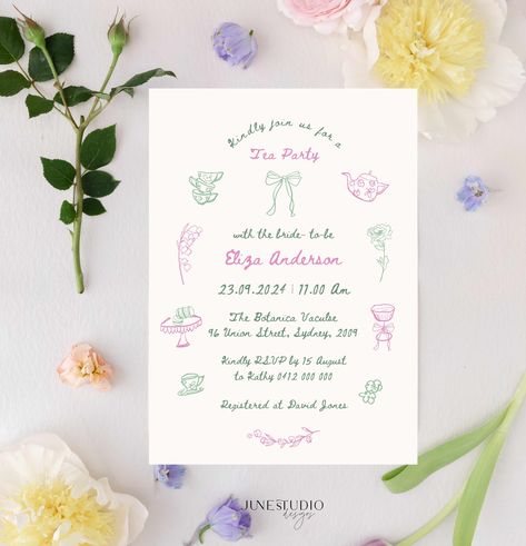 Tea With The Bride To Be Invitations, Bridesmaid Brunch Invitations, Brunch Garden, Trendy Illustration, Script Typography, Bridal Shower Invitations Templates, Flower Invitation, Illustration Style, Bridal Brunch