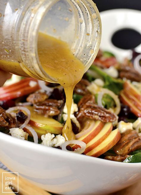 Maple-Bourbon Pecan Salad is no run of the mill side salad! Full of tasty toppings, including salted Maple-Bourbon Pecans (YUM), this gluten free salad recipe will impress.  | iowagirleats.com #glutenfree @fishernuts #ad Bourbon Salad Dressing, Maple Bourbon Vinaigrette Dressing, Greek Chopped Salad, Bourbon Pecans, Thanksgiving Salads, Sauteed Salmon, Gluten Free Salad, Salad Recipes Gluten Free, Maple Bourbon