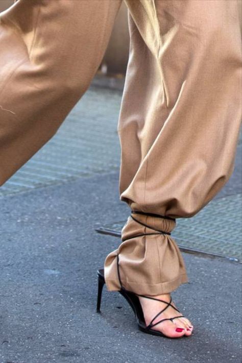 Charlotte Knowles, Jeans Heels Outfit, Tie Up Heels, Tie Sandals, Pointy Toe Shoes, Ankle Tie Sandals, Ankle Sandals, Heels Outfits, Baggy Trousers