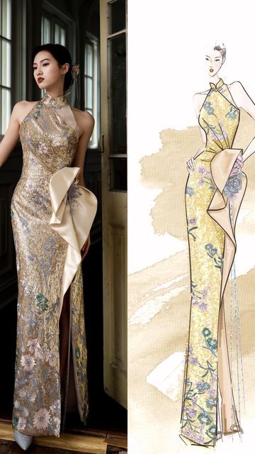 Chinese Inspired Fashion, Sangjit Dress, Qipao Gown, Chinese Style Wedding Dress, Party Moodboard, Cheongsam Gown, Culture Dress, Asian Party, Traditional Asian Dress